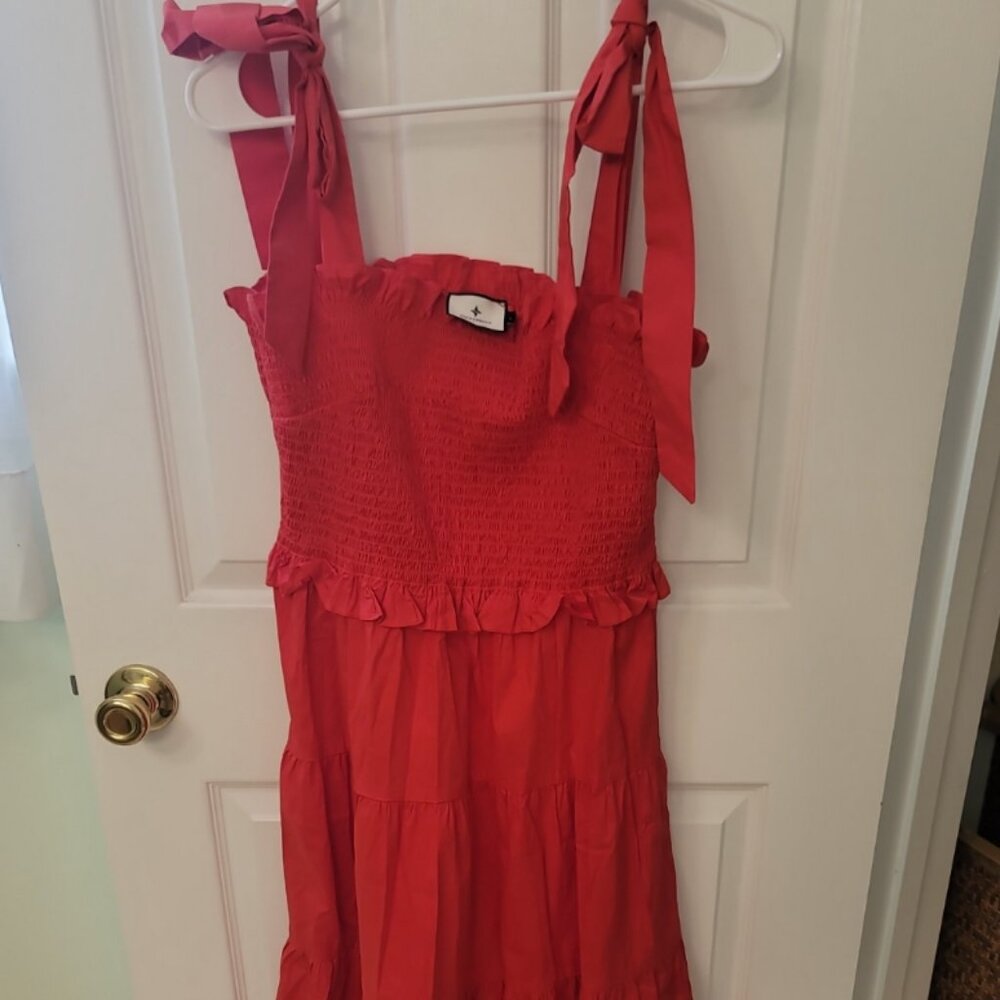 Tuckernuck Red Tie Shoulder Smocked Tiered Dress Size L